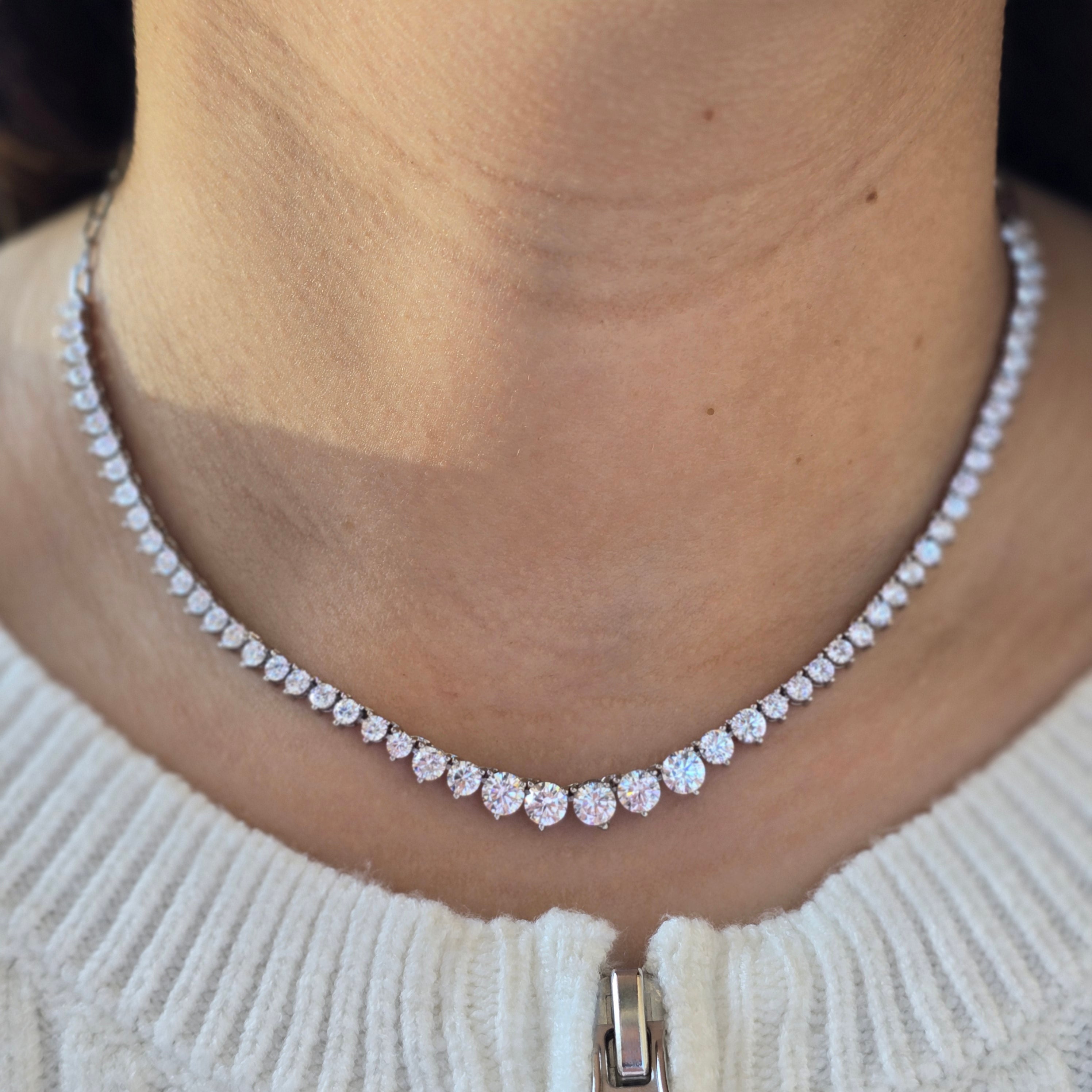 Three Prong Graduated Tennis Necklace Halfway Paperclip Back